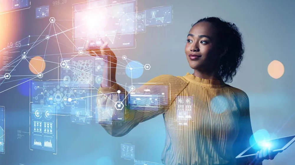 women in front of augmented reality