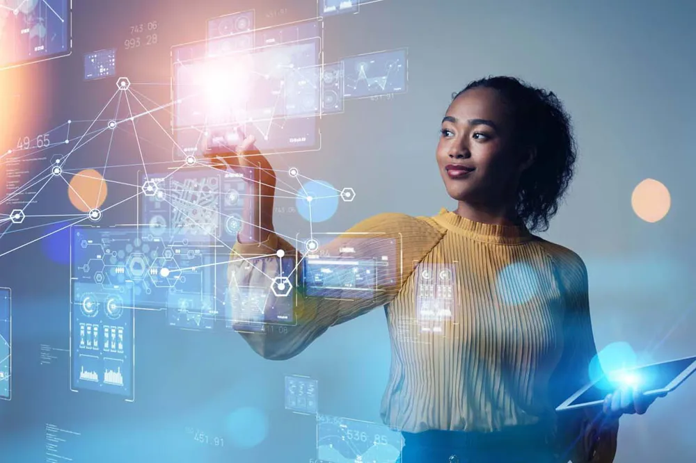 women in front of augmented reality